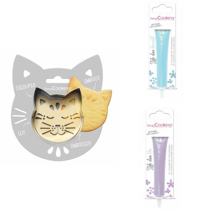 Kit pour biscuit en relief Chat + 2 Stylos au chocolat bleu pastel et lilas