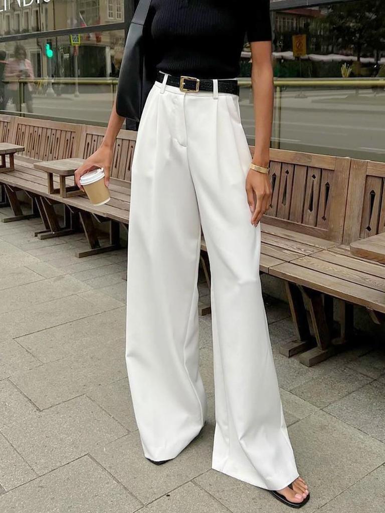 Pantaloni Bianchi a Vita Alta da Donna, Stile Commuter, Larghi, Lunghi Fino a Terra