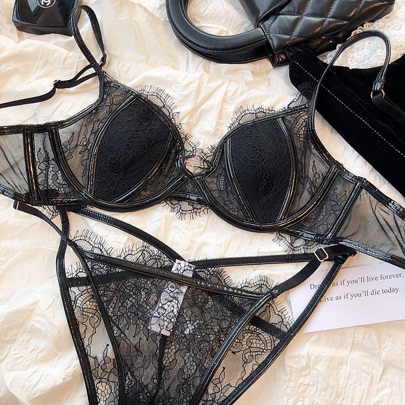 

Летний цветной комплект кружевного нижнего белья, сексуальные дышащие бюстгальтеры с тонкой чашкой, женские полые трусики, комплект женского нижнего белья с глубоким V-образным вырезом, бюстгальтер пуш-ап, нижнее белье 75B чёрный