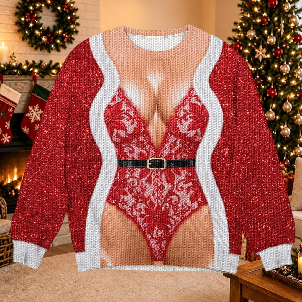 Women's Christmas Print Long Sleeve Crewneck Knit Sweater Casual Pullover