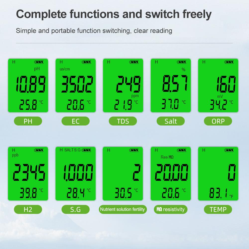 5 In1/ 7 In1/ 10 In1 Multifunction Water Quality Monitor PH/TDS/EC/ORP/Salinity/S.G/TEMP/H2/Fertile/Resistivity PH Meter 1 Pcs