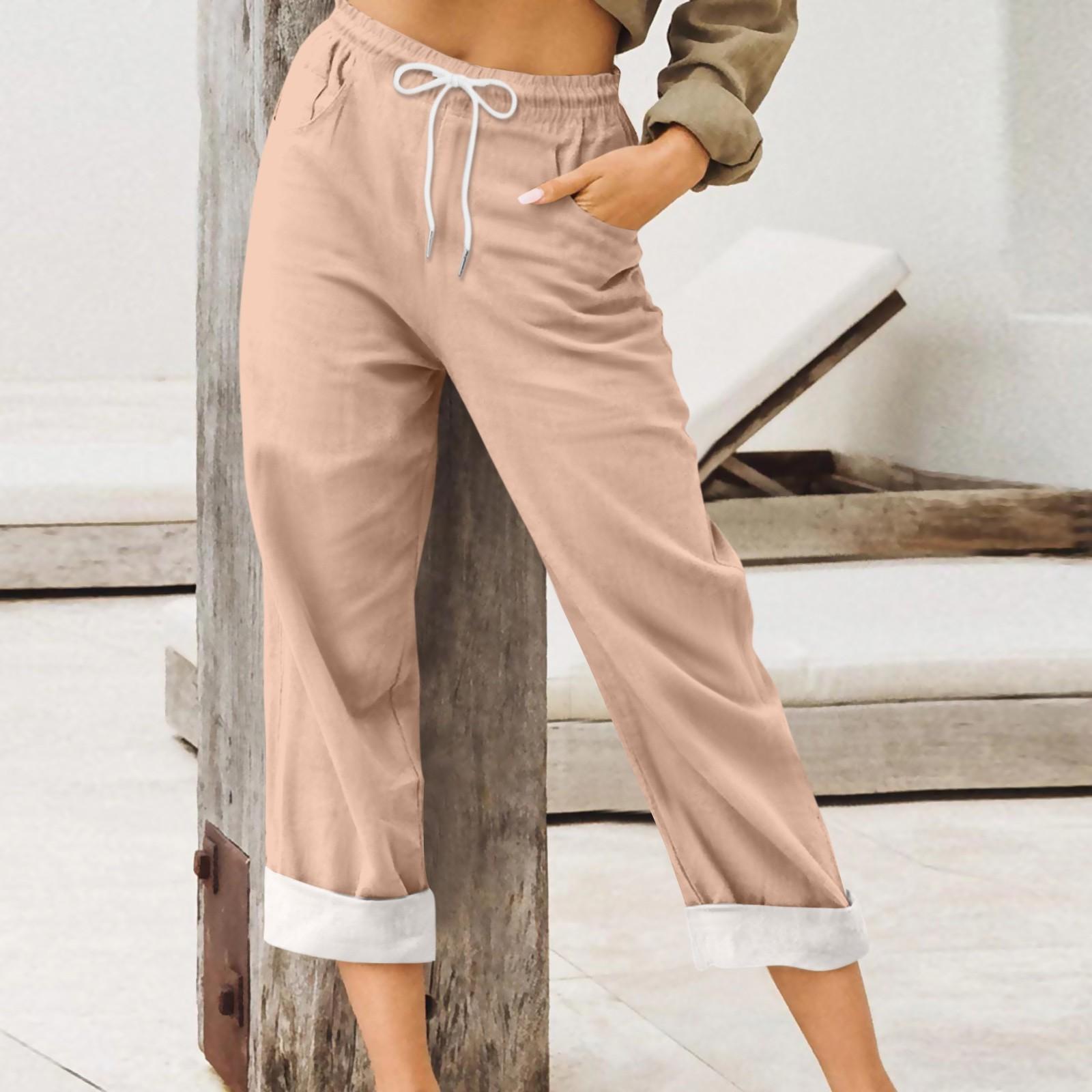 

Women s Pants Summer Wide Leg Casual Color Loose Drawstring High Waist Trousers With Pockets S хакі
