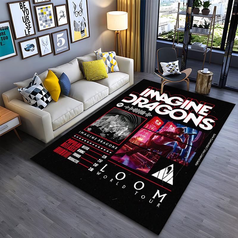 Rock Band Area Rug, Imagine Dragons Loom World Tour Concert Poster Red Black Believer Radioactive Print, Rock Decor, Non-Slip Mat