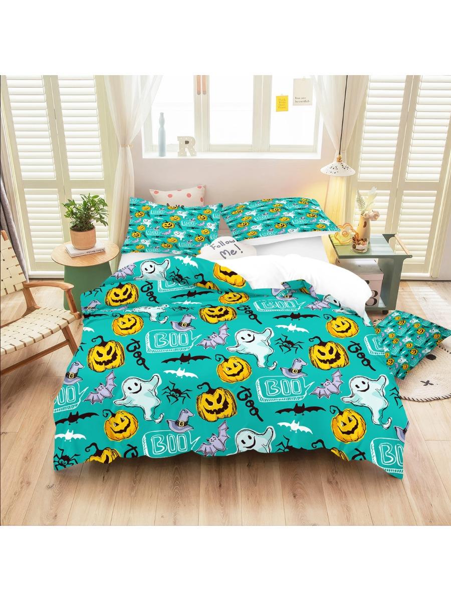 

3pc Halloween Evil Pumpkin Printed Chipless Quilt Set Multi Size Dormitory Bedroom Soft and Comfortable Machine Washable 135x200cm-EU-Single&set