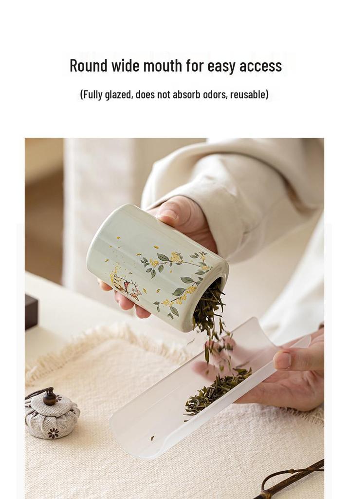 Osmanthus Kitten Exquisite Ash Wood Ceramic Tea Storage Can
