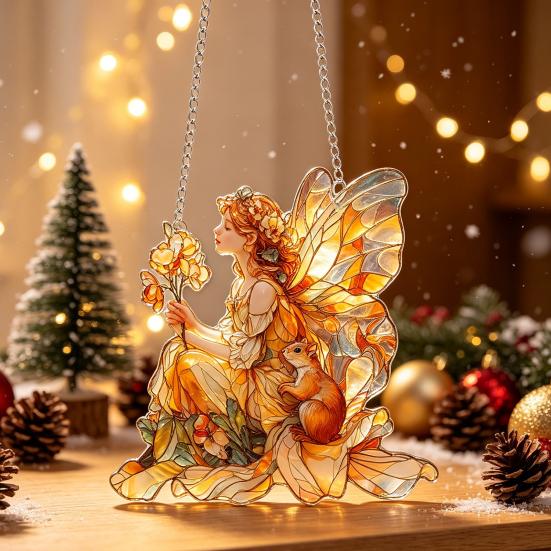 Xmas Tree Door Decorations Fairy & Gnome Christmas Acrylic Suncatcher, 2D Fantasy Elf Dwarf Window Hanging Unique Baubles Decor with Stained