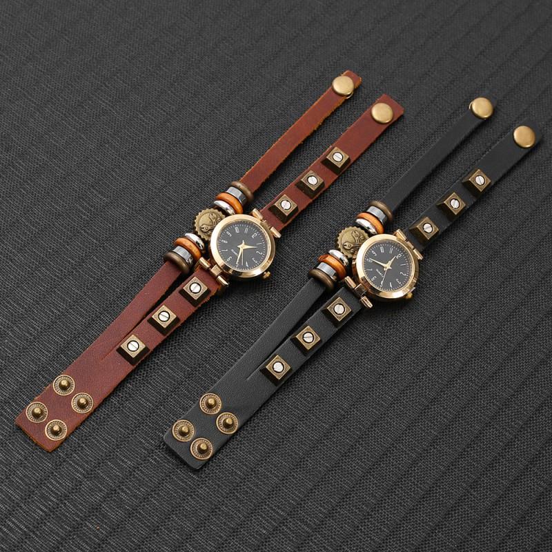 Vintage Punk Mens Leather Watch With Handmade Beaded Band Digital Quartz Wristwatch Adults