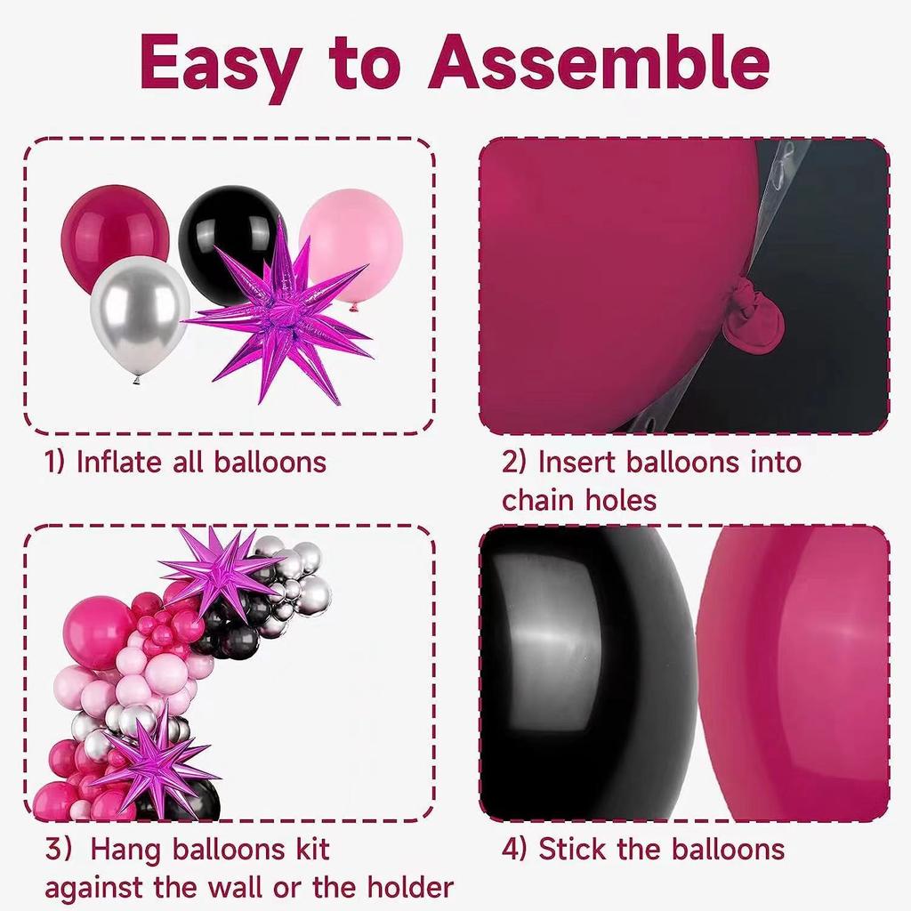 Black Pink Rose Red Balloon Wreath Set Exploding Star Aluminum Film Balloon Girl Birthday Bachelorette Party Decoration