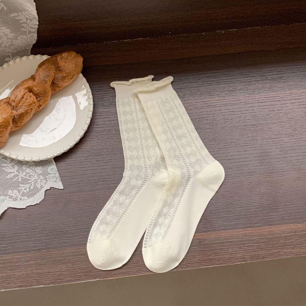 2Pairs Lingge Mid-calf Cotton Socks Hollow Out Ruffle Tube Socks Women Sweet White Socks Daily