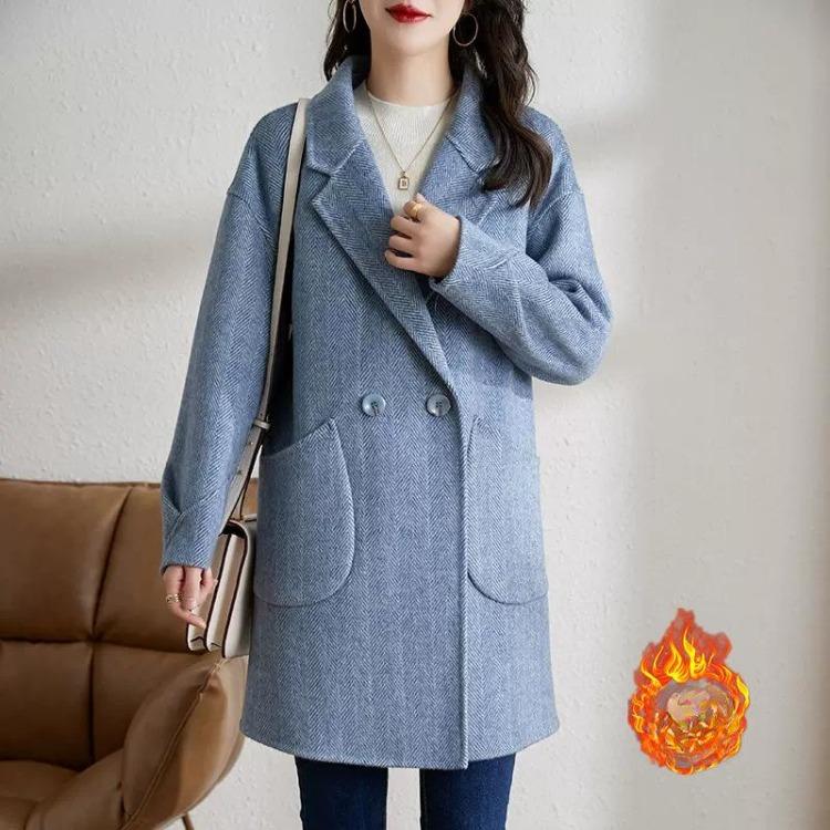 Korean Version Women's Woolen Coat New Autumn Winter Thickened Medium Long Herringbone Temperament