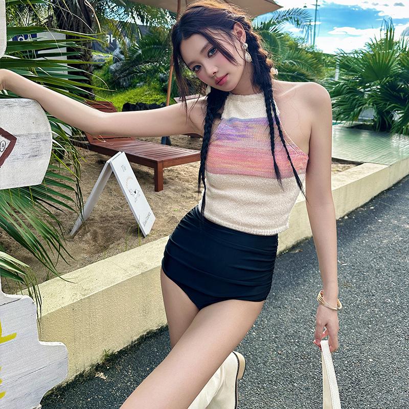 

Раздельный вязаный купальник с высоким горлом для женщин - Элегантная и консервативная пляжная одежда XL чёрный