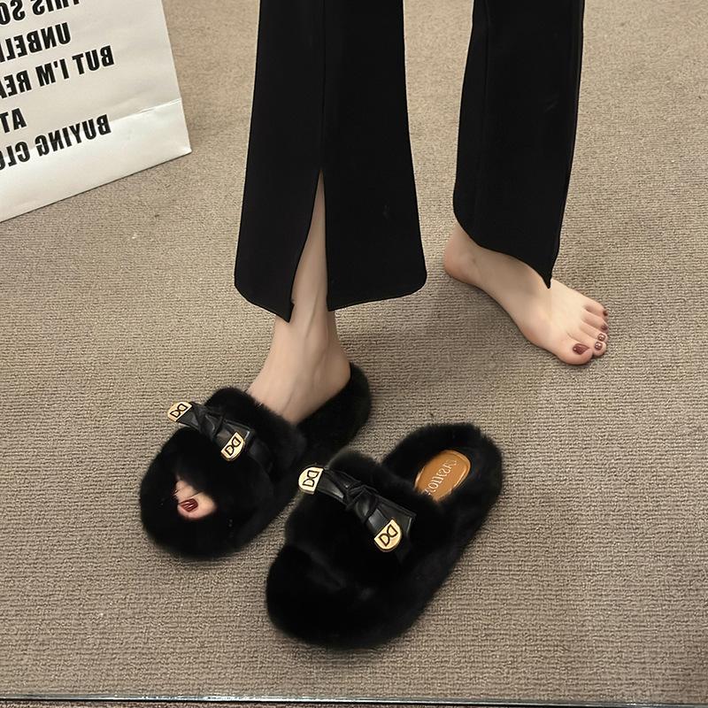 Open slippers women's autumn and winter 2025 new fashion versatile outer wear Mao Mao cotton slippers winter thick bottom home non-slip
