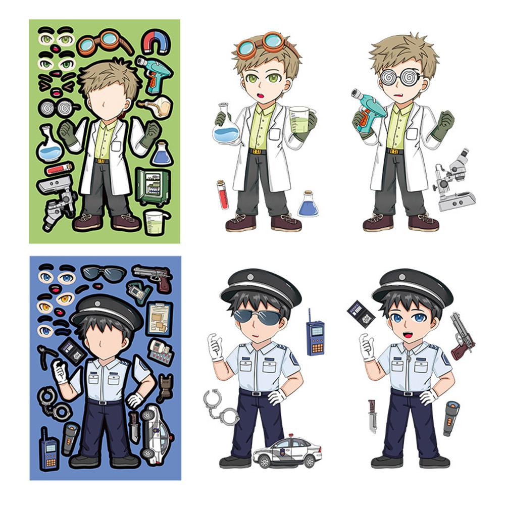 8/16sheets Firefighter Doctor Professional Puzzle Stickers Make a Face DIY Cartoon Assemble Jigsaw Educational Toy Decals Decor
