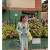 LYRIA Crochet Colorful Stripe Maxi Dress Women Flare Sleeve V-neck High Split Sexy Long Dresses Beach Banquet Vestidos