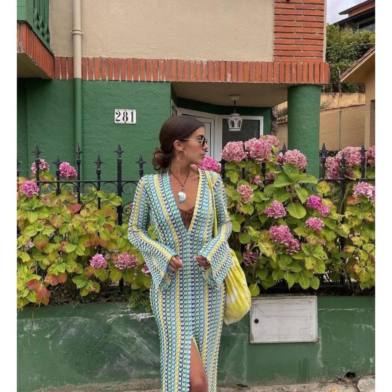 

LYRIA Crochet Colorful Stripe Maxi Dress Women Flare Sleeve V-neck High Split Sexy Long Dresses Beach Banquet Vestidos L