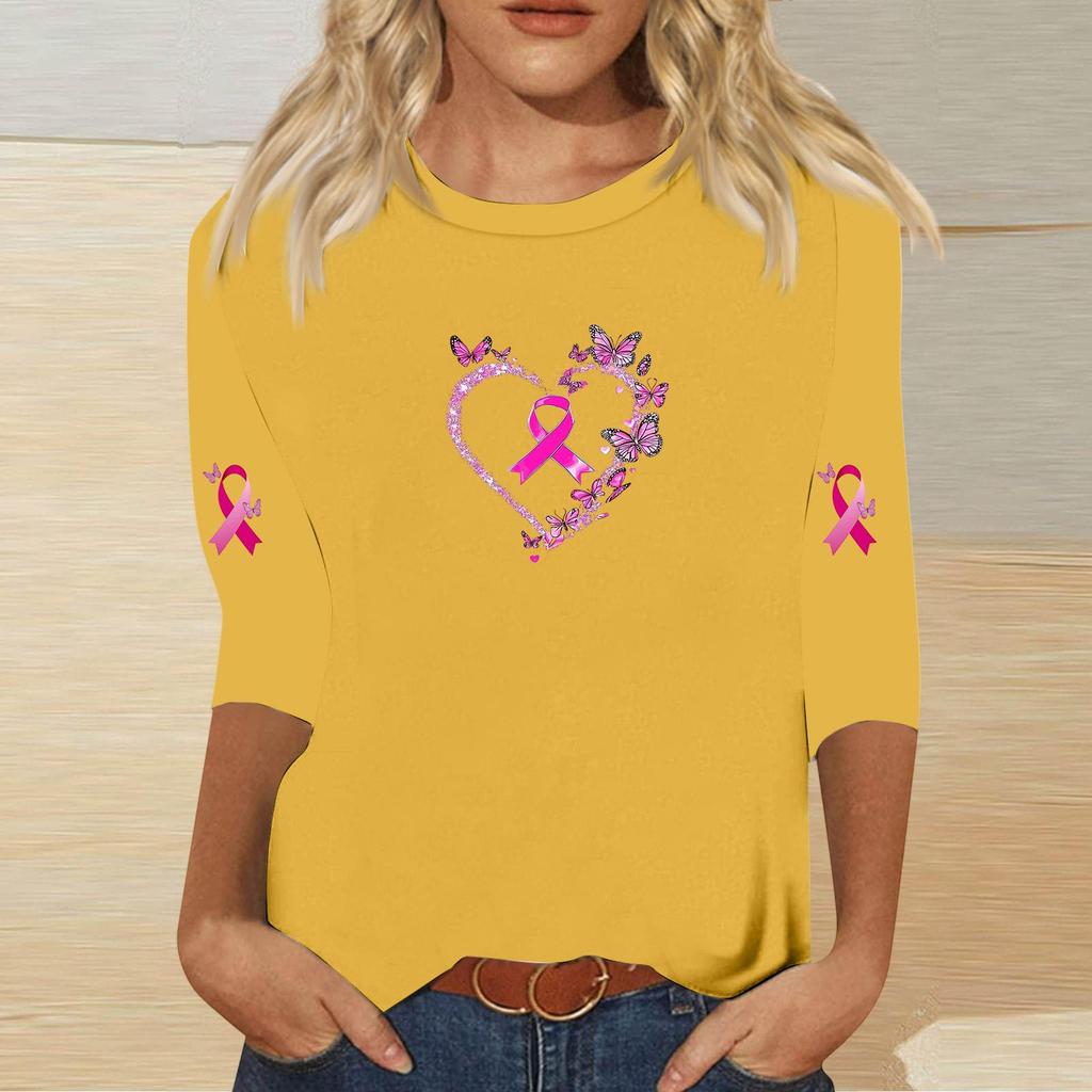 Women's Casual Printed Top with Heart and Butterfly Design, Round Neck, Three-Quarter Sleeves, Loose Fit