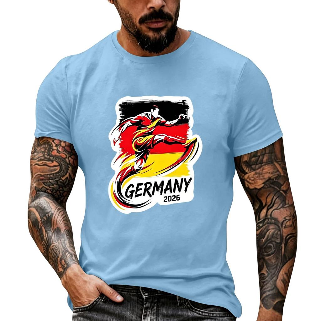 Short Sleeve Casual T Shirt with Graphic Print Soccer Player Illustration and Text Germany 2026 Soft Comfortable Fit for Everyday Wear