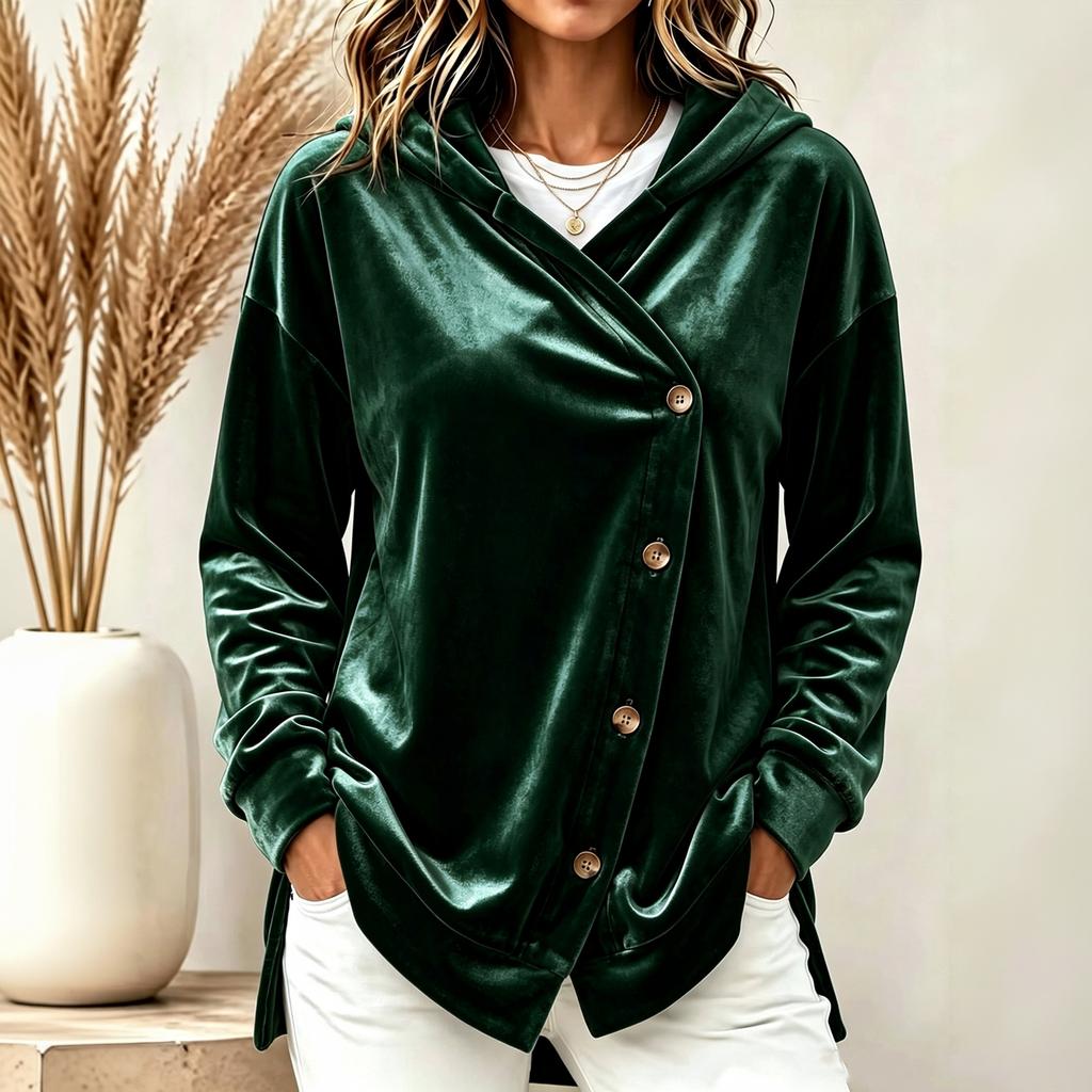 Cardigan con Cappuccio in Velluto Colorato Casual da Donna con Bottoni Asimmetrici sul Davanti Manica Lunga Cappotto Autunno Inverno