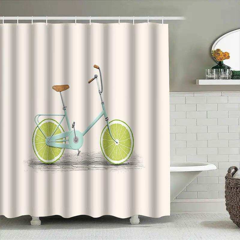 Cortina de Ducha de Bicicleta Vintage Verde Limón Botánico Estilo Granja Decoración de Baño Tejido Lavable Decoración del Hogar