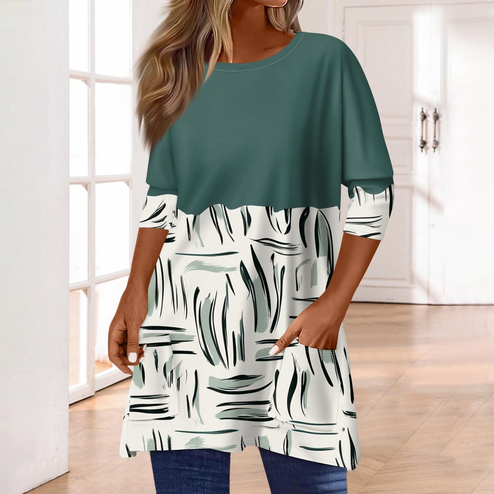 

3/4 рукава кармана топы для женщин футболка повседневный принт средней длины топы футболка круглый вырез пуловер блузка L