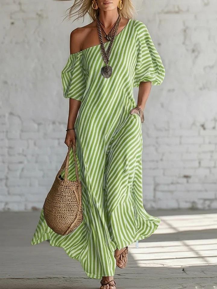 2026 European and American independent station women's fashion spring elegant striped off-the-shoulder dress blue