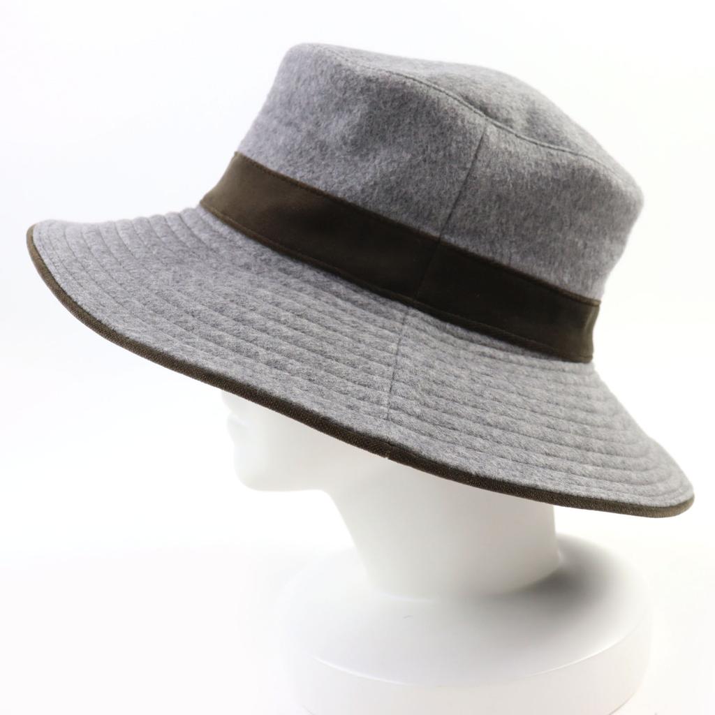 Excellent HERMES Hat Logo-print Velour Hat with Lining Gray Khaki Wool Women 57 Used