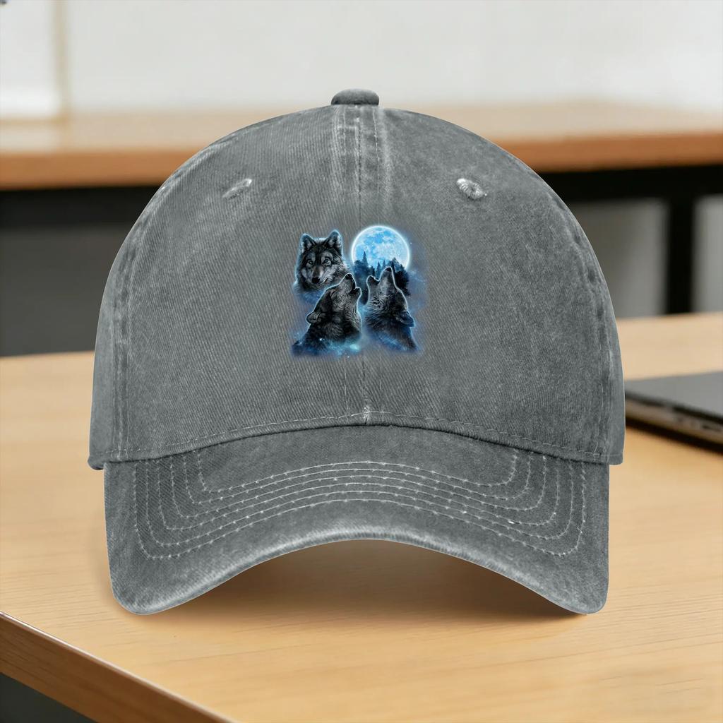 Three Wolves Howling Under ICY Full Moon Gray Wolf Casual Baseball Cap Spring Trucker Hat Adjustable Tennis Skate Hip Hop Hats