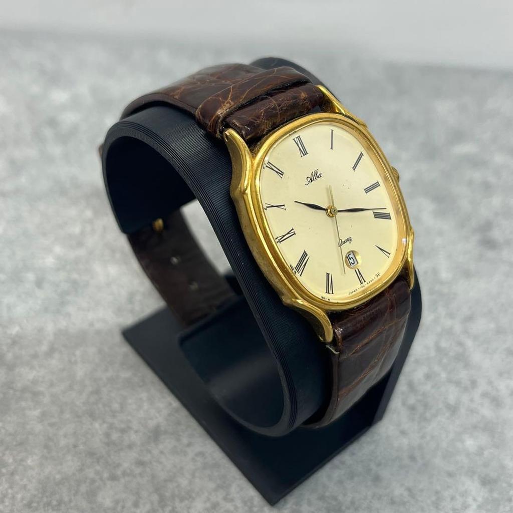 Used Alba Quartz Watch Gold Color Brown Leather Strap