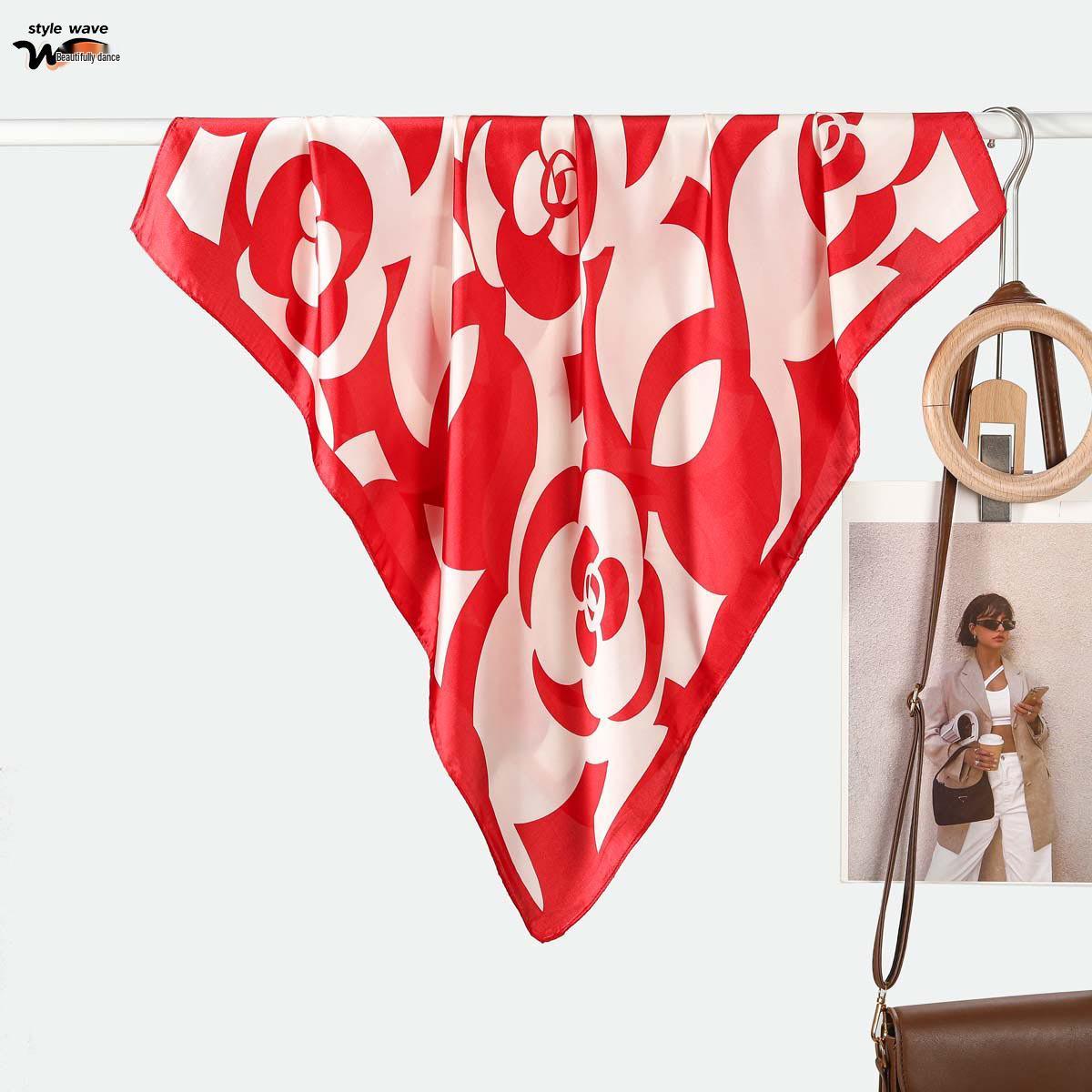 

French Romantic Camellia Print Silk Scarf for Women - High-End, Versatile Neck Accessory for Spring/Summer Sun Protection 70x70 cm