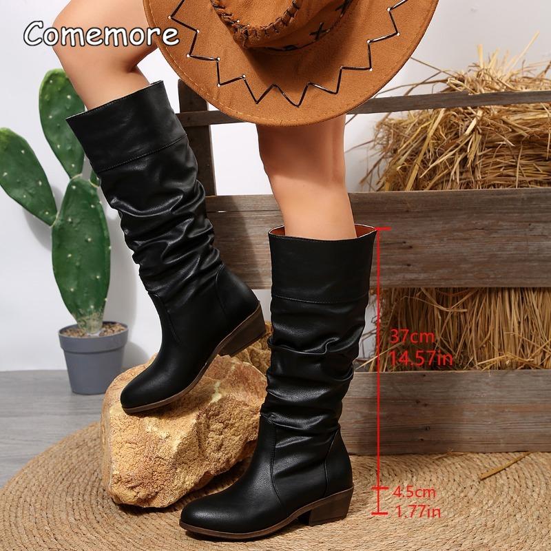Fashion Women's Size 36-43 Pleated High Boots British Style Autumn New Thick Heel Retro Sleeve Women's Comfortable Mid-heeled Boots