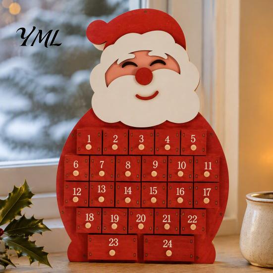Christmas Advent Calendar Wooden Santa Snowman Calendar, 24-Day Countdown Box with Shop Window Display Numbered Drawers, Tabletop Decor, Candy