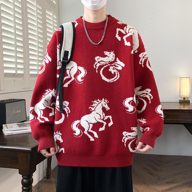 Men s Red Knit Sweater for Winter 2025: Year of the Horse Zodiac - Thick, Warm, Youthful Design XXXL красный