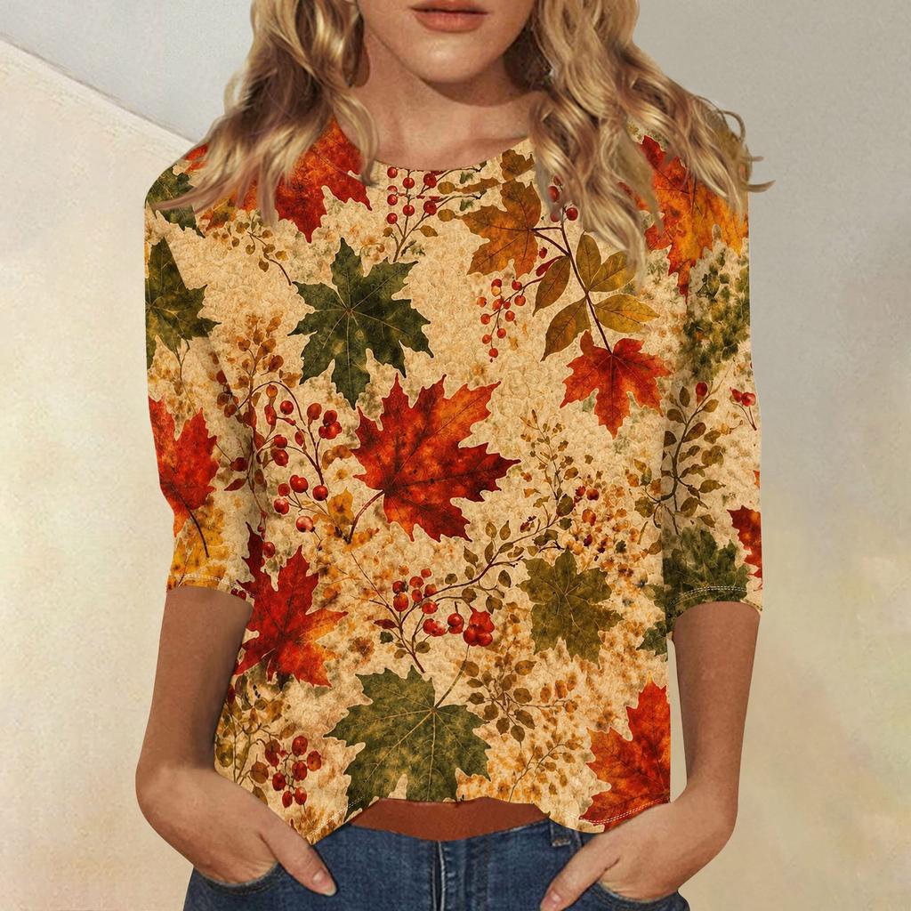 Women's Fashion 3/4 Sleeve Round Neck Top with Maple Leaf Print for Casual Wear
