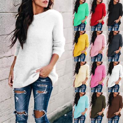 Women Ladies Fashion Winter Plush Solid Round Neck Long Sleeve Sweater Blouse