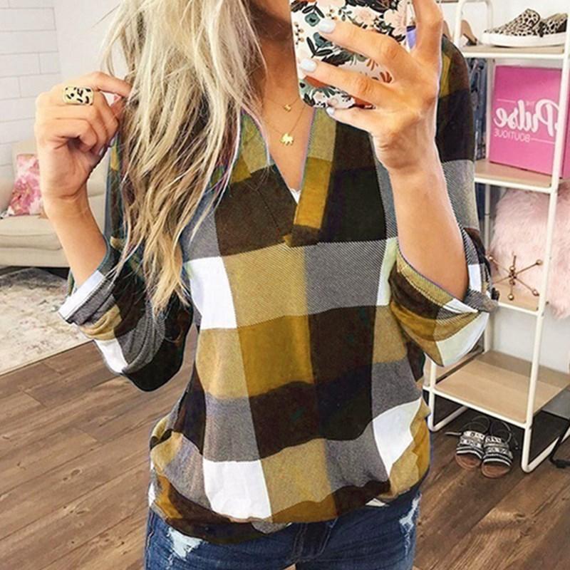 Plus Size Women Casual Loose Long Sleeve Plaid Shirt Spring Autumn V-neck Long-sleeved Top