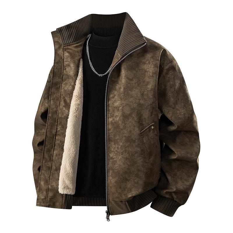 Men's Retro PU Leather Jacket with Stand Collar - Trendy, Versatile, Loose Fit for Spring and Autumn with Plus Velvet Casual Design.