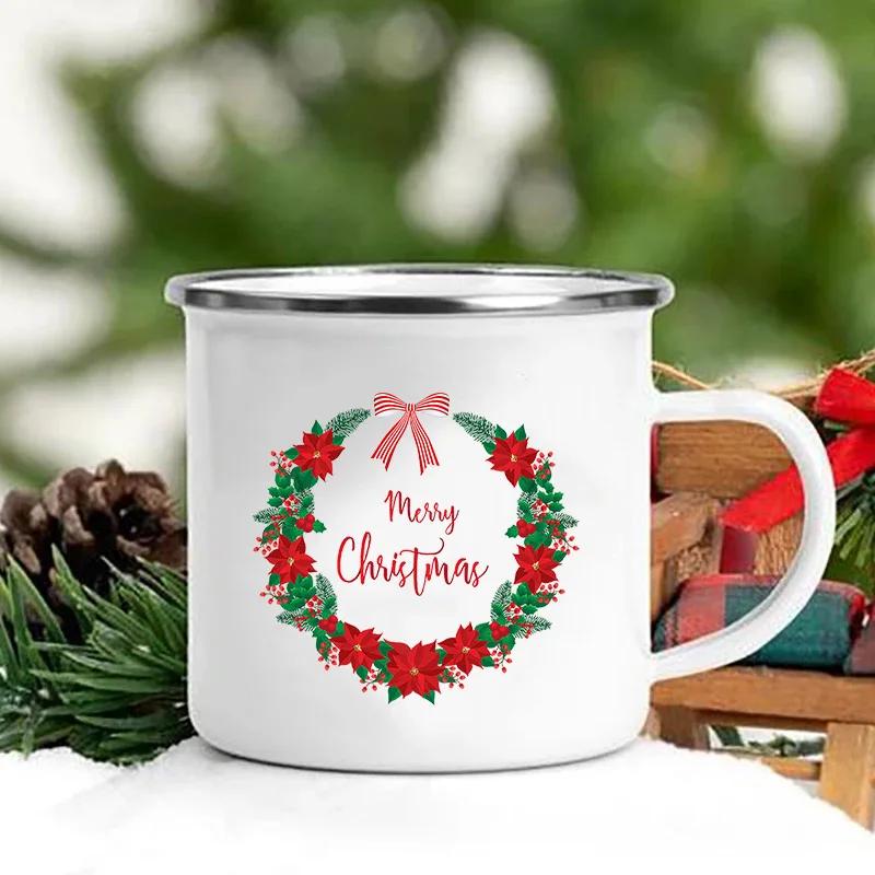 Merry Christmas Print Creative Enamel Coffee Tea Wine Drink Mug Dessert Hot Cocoa Milk Cup Cake Mugs Handle Drinkware Xmas Gifts