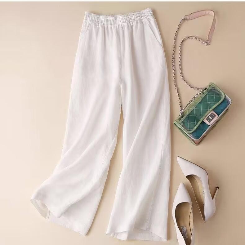 

Women s Plus Size Cropped Wide-Leg Pants - Washed Cotton, High-Waisted, Casual & Loose with Pockets. L (recommended for 45-50 kg)