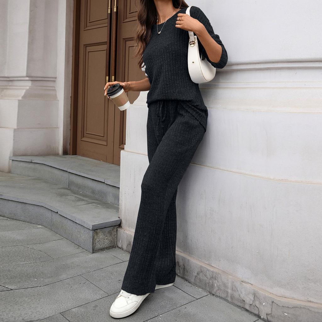 Women's Fashionable And Comfortable Round Neck Knit Long Sleeve Brushed Pants Loungewear Set