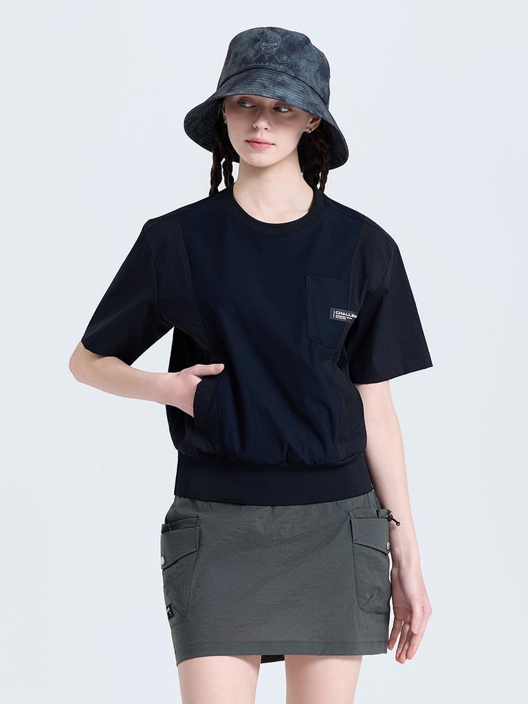 CHALLENGER Women'S Mono-Edge Label Print Round Short Sleeve Woven Top Black