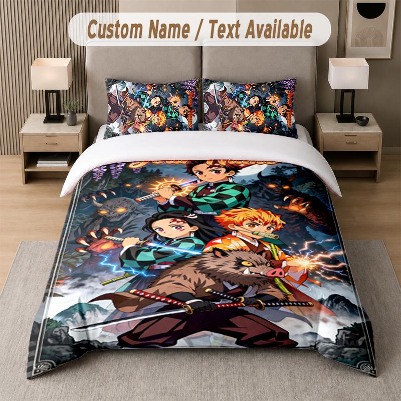 Demon Slayer 3Pcs Bedding Set, Personalized Custom Name Text, 1 Duvet Cover & 2 Pillowcases For Bedroom