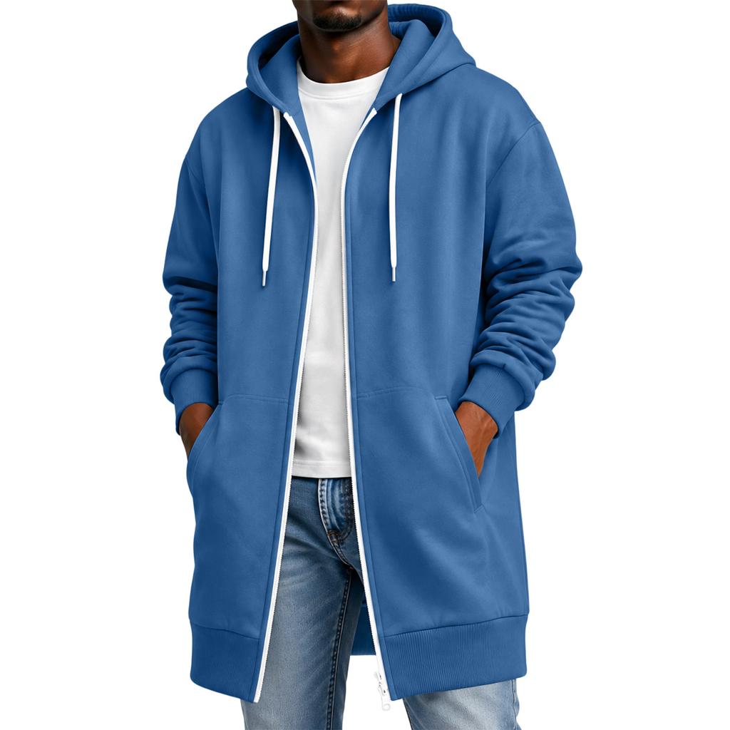 Herre Langermet Lang hettegenser med glidelås og lommer