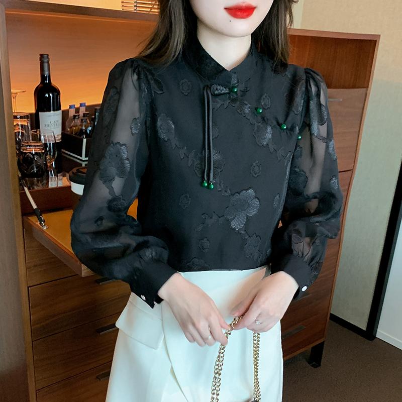 2025 Spring New Chinese Style Women Blouses Shirts Long Sleeve Stand Collar Black White Chiffon Blouse Shirt Women Tops J771