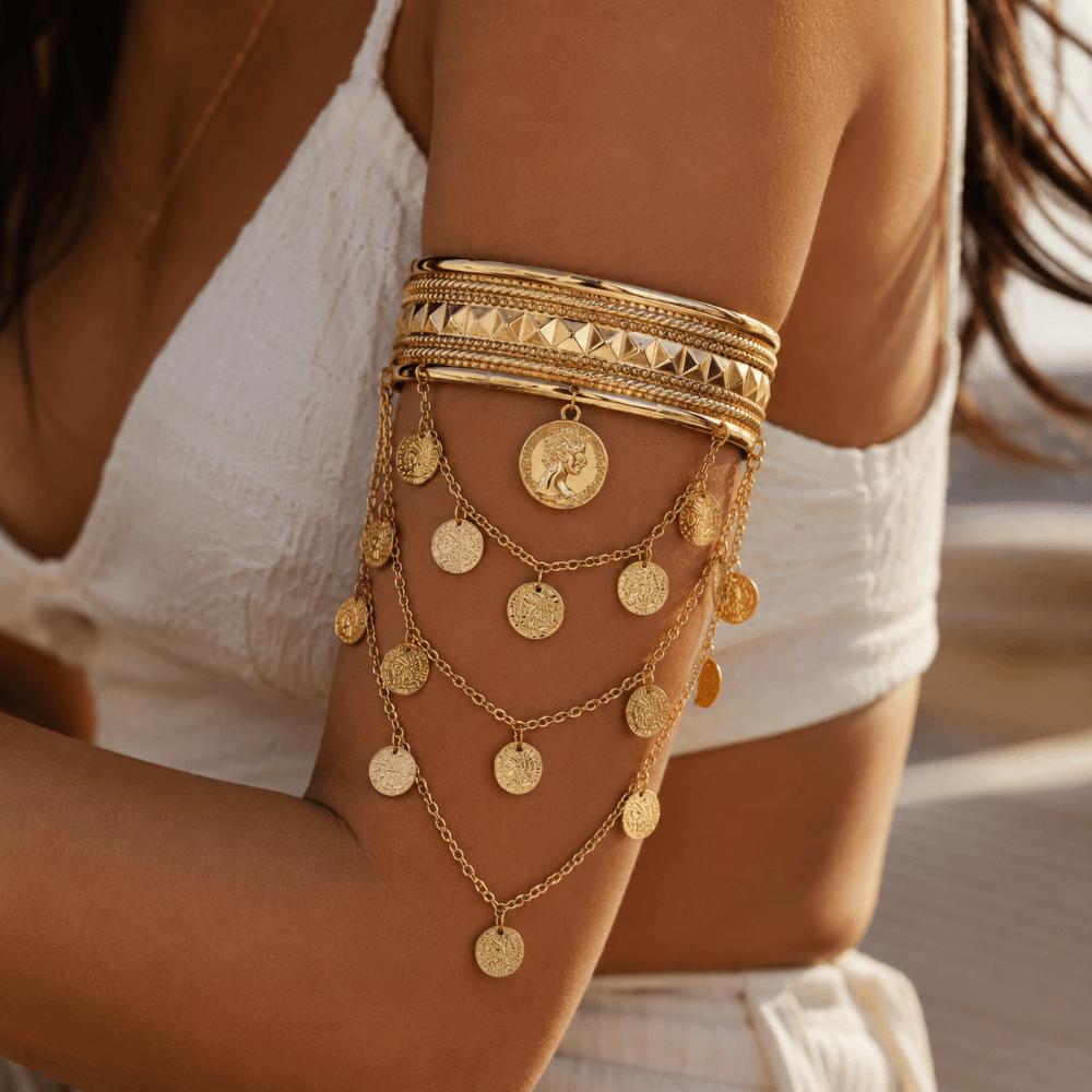 Adjustable Tassel Arm Chain Trendy Boho Open Armlet New Golden Metal Cuff Bangle Musci Festival