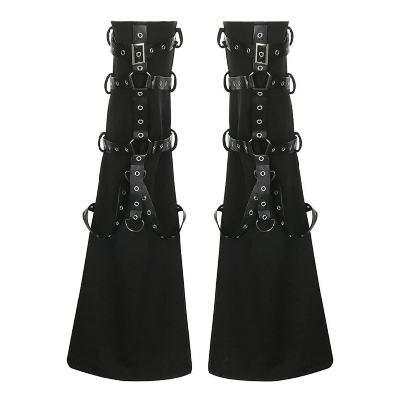 Womens Punk Black Flared Leg Cover with Buckled Eyelets Straps Japanese Style Harness Leg Warmer Long Sock Stockings L