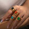Stainless Steel Geometric Hollow Ring Hollow Pattern Colored Stone Ring Open Ring  For Women
