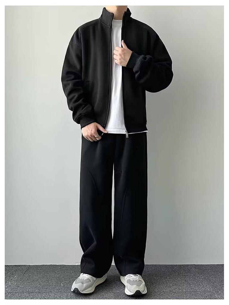 Men's Double Zipper Stand-up Collar Cardigan Hoodie - 2025 Casual Solid Color Outerwear for Spring & Autumn
