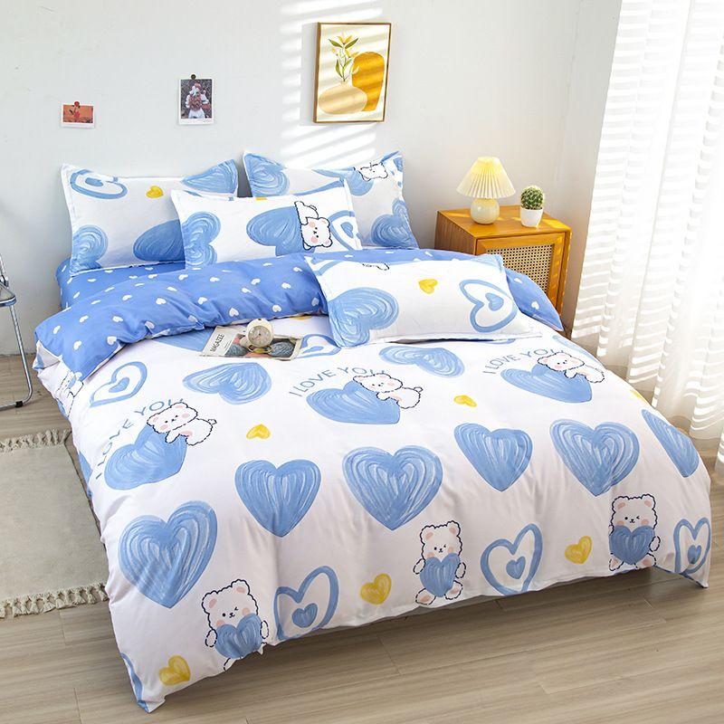 

Fresh Grounded Four Piece Bedding Set Washed Cotton Bed Sheet Quilt Cover Minimalist Student Dormitory Single 3 PCs Set Single quilt cover 150*200cm Love bear