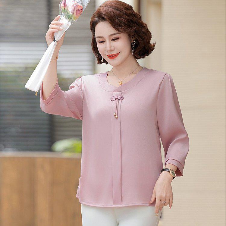 Elegant Women's Seven-Sleeve Light T-Shirt for Middle-Aged and Elderly Ladies