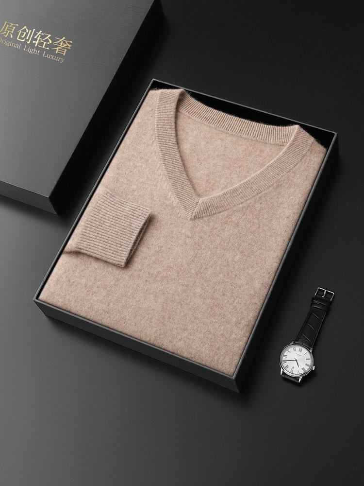Men's V-Neck Cashmere Sweater, Plus Size, Long Sleeve, Solid Color, Wool Knit, 2023 Autumn/Winter Collection.